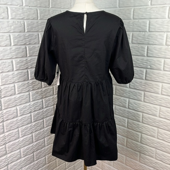 AQUA FROM BLOOMINGDALE’S PUFF SLEEVE TIERED BLACK COTTON DRESS  POCKETS MED NWT - Picture 6 of 14
